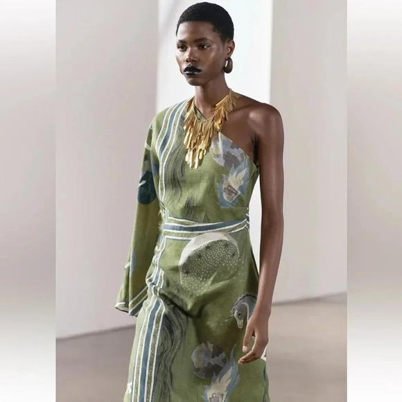 ZARA ZW COLLECTION PRINTED ASYMMETRIC LINEN DRESS - Picture 4 of 13